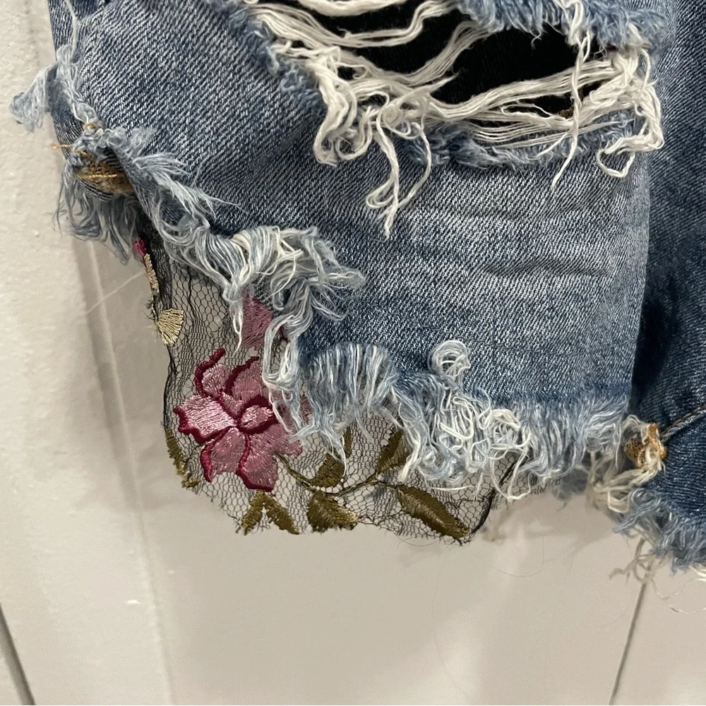 Free People Floral Lace Button Fly Jean Shorts